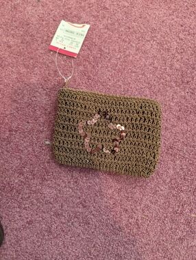 NWT Vintage Y2K 2000s Crochet Knit Brown Sequin Flower Card Holder Coin Purse